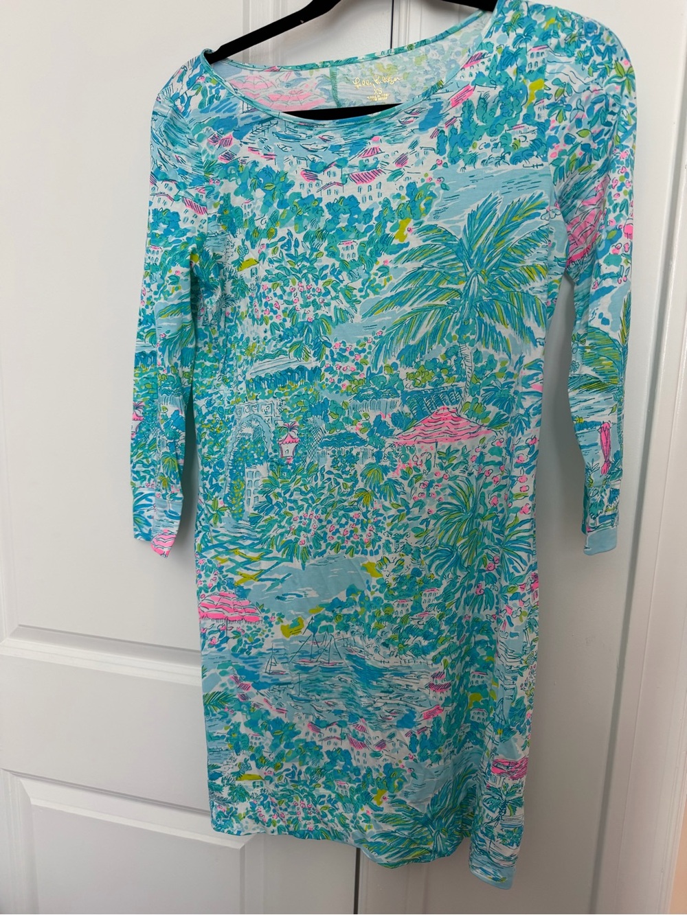 Lilly Pulitzer Aqua Tropical Floral Palm-Print Long Sleeve Dress